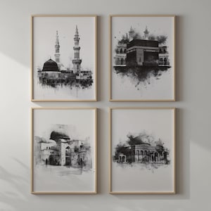 Puede incluir: Conjunto de cuatro láminas enmarcadas con ilustraciones en blanco y negro estilo acuarela de arquitectura islámica. Cada lámina muestra una mezquita o lugar religioso, con cúpulas y minaretes destacados.