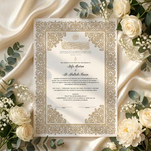 Pode incluir: Um certificado de casamento isl&acirc;mico retangular com uma borda de filigrana dourada intrincada em um fundo branco. O documento inclui texto impresso com os nomes Alifa Khairun e Ali AbuBakr Hassan, datado de 12 de dezembro de 2025, em Lancashire, Blackburn.