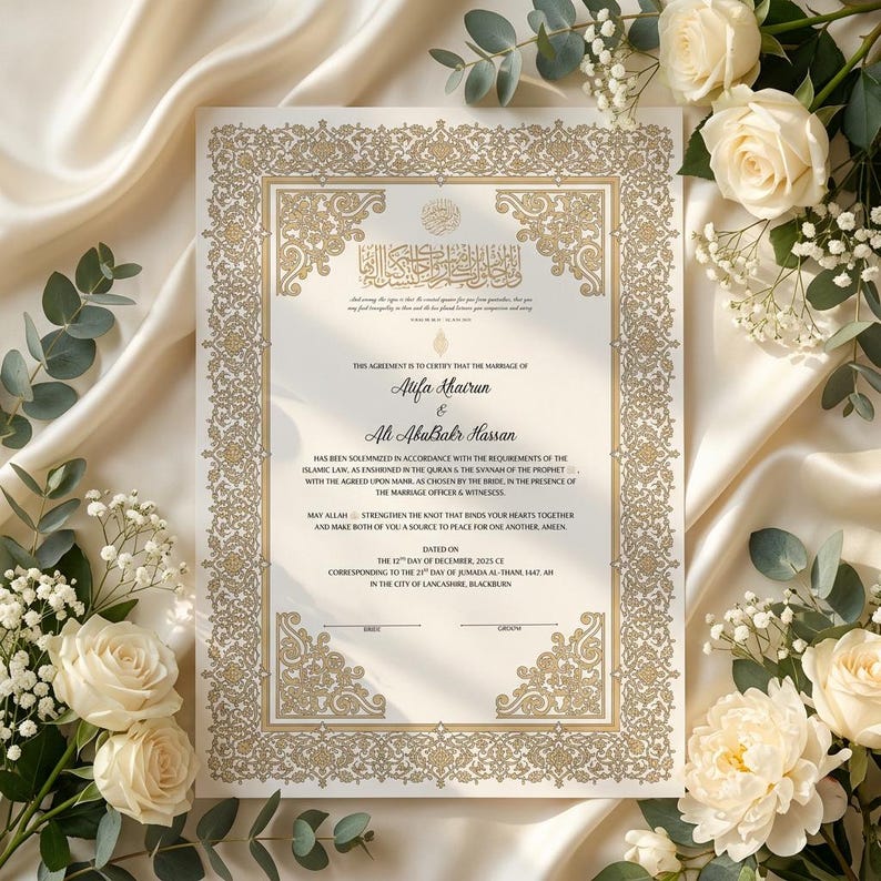 Pode incluir: Um certificado de casamento isl&acirc;mico retangular com uma borda de filigrana dourada intrincada em um fundo branco. O documento inclui texto impresso com os nomes Alifa Khairun e Ali AbuBakr Hassan, datado de 12 de dezembro de 2025, em Lancashire, Blackburn.