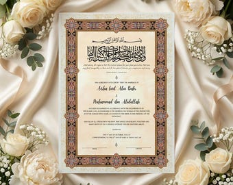 Certificado de Nikkah de lujo, documento de boda musulmana Nikah Nama, contrato editable en Canva (descarga digital) A3