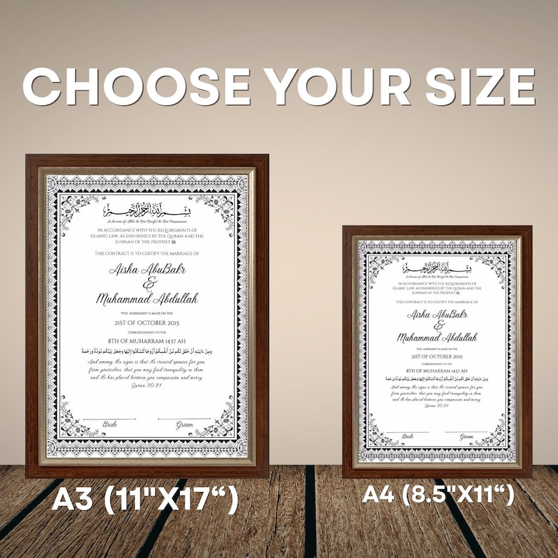 May include: Two framed wedding certificates, one A3 (11"x17") and one A4 (8.5"x11"). The certificates have a decorative border and text in English and Arabic. The text includes the names Aisha Abubakr and Muhammad Abdullah.