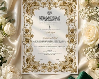 Certificado islámico de matrimonio Nikkah con diseño floral, elegante contrato matrimonial musulmán y Nikah Nama con página para huellas dactilares (descarga digital).
