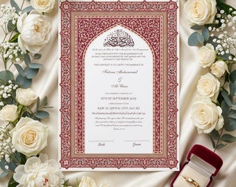 May include: A rectangular marriage contract document with a decorative red and gold border, featuring Arabic calligraphy and English text, surrounded by white roses and baby's breath, with a gold ring inside a small open red velvet box nearby.