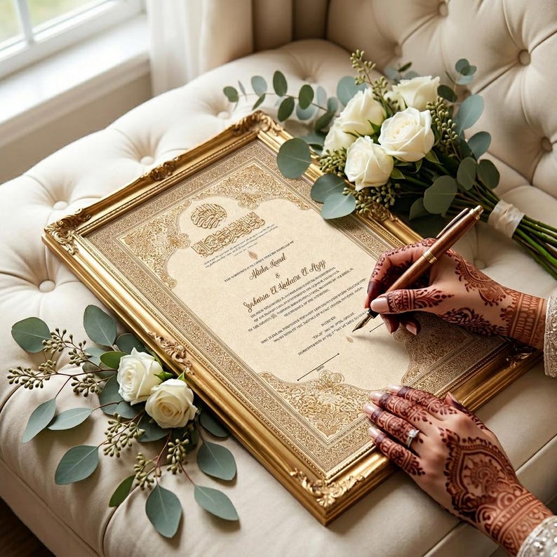 May include: A framed wedding certificate with gold accents and ornate detailing. The certificate is being signed with a pen. A bouquet of white roses and greenery is next to the frame.