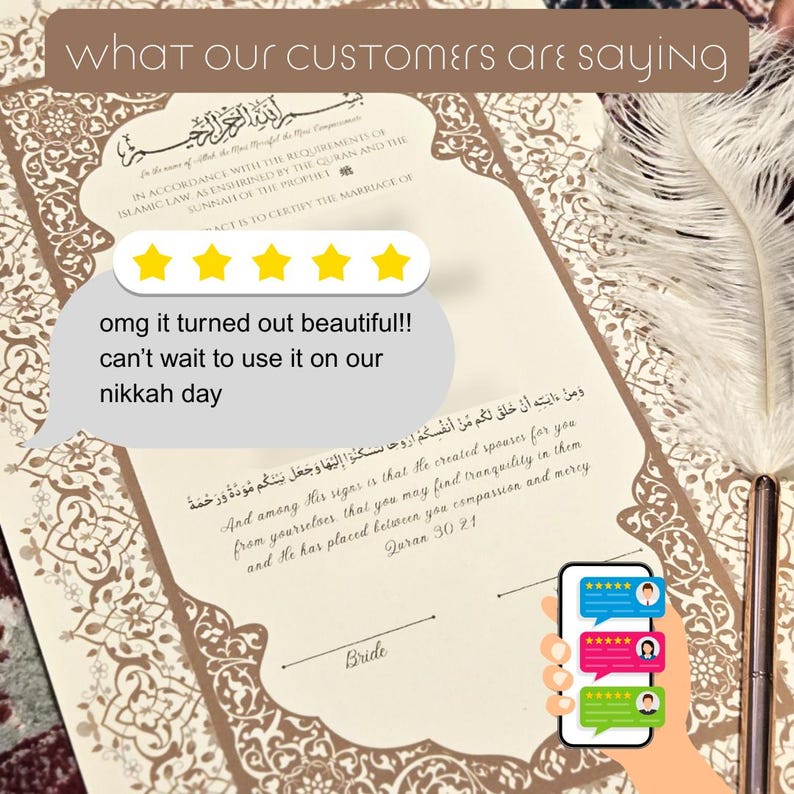 May include: An off-white marriage certificate with ornate gold detailing and Arabic script. The certificate includes a customer review with a five-star rating and the text "omg it turned out beautiful!! can't wait to use it on our nikkah day."