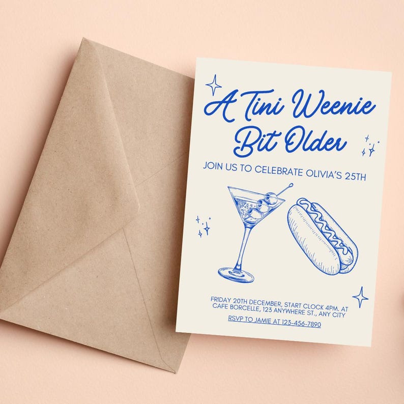 A Teenie Weenie Bit Older | Hot Dogs and Martini Birthday Invitation - Etsy