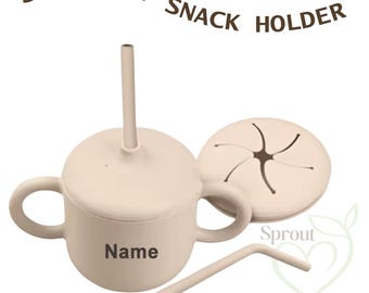 Personalizowany silikonowy kubek niekapek z pokrywką na przekąski | Kubek dla niemowląt 2 w 1 ze słomką i uchwytami | Kubek dla małych dzieci zabezpieczony przed rozlaniem | Niestandardowy prezent dla dziecka