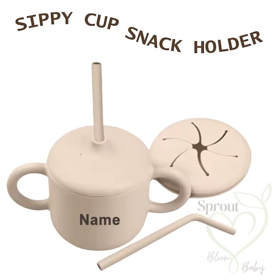 Personalized Silicone Sippy Cup with Snack Lid | 2-in-1 Baby Cup with Straw & Handles | Spill-Proof Toddler Snack Cup | Custom Name Baby Gif