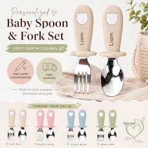 May include: A personalized baby spoon and fork set in soft earth tones. The beige handles feature a bear design and the name "Liam". The set includes a fork and a spoon. Additional color options include Oat Milk, Dusty Rose, Cloud Blue, and Sage Leaf.