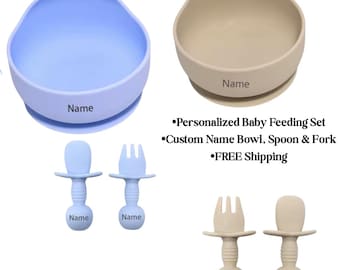 Personalized Baby Feeding Set Custom Name Silicone Bowl, Spoon and Fork Suction Bowl for Babies & Toddlers  BPA-Free  Free Shipping