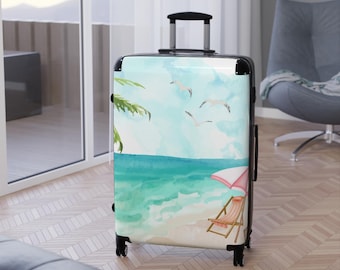 Tropical Vacation Suitcase, Beach Travel Luggage, Summer Trip Bag, Watercolor Art Suitcase, Personalized Travel Case