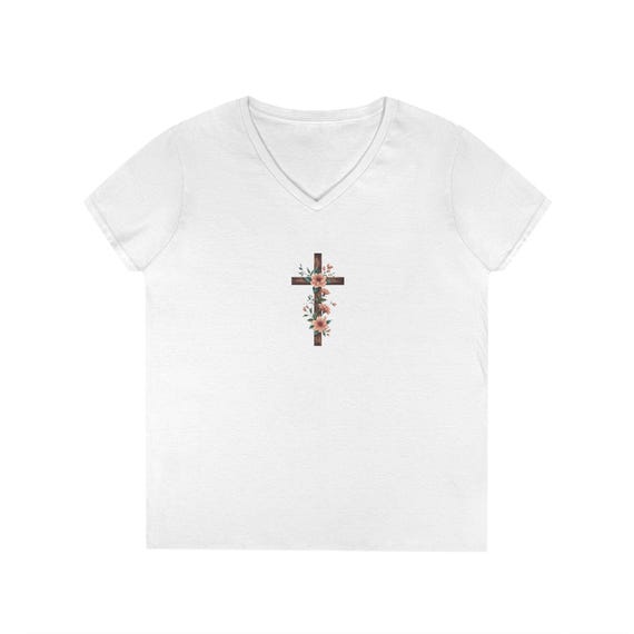 Floral Cross Ladies V-Neck T-Shirt