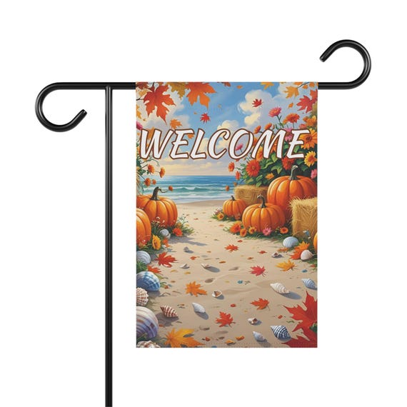 Autumn Beach Welcome Garden Flag, Fall Decor, Seasonal Yard Flag, Outdoor Banner, Thanksgiving Decoration, Home and Garden