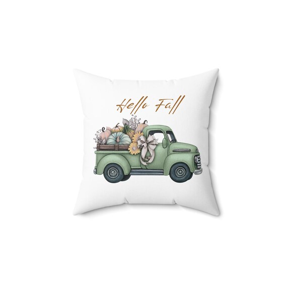 Cozy Fall Pillow, Hello Fall Decorative Pillow, Autumn Home Decor, Pumpkin Truck Cushion, Seasonal Throw Pillow