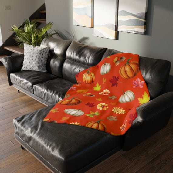 Cozy Fall Velveteen Blanket, Microfiber Throw, Autumn Decor, Pumpkin Print, Seasonal Gift, Couch Snuggle