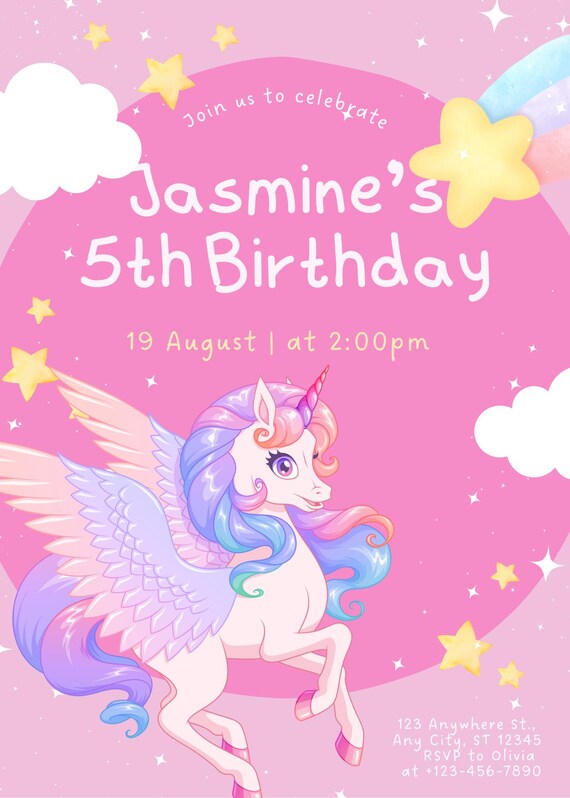 Magical Unicorn Birthday Invitation for a 5 year old