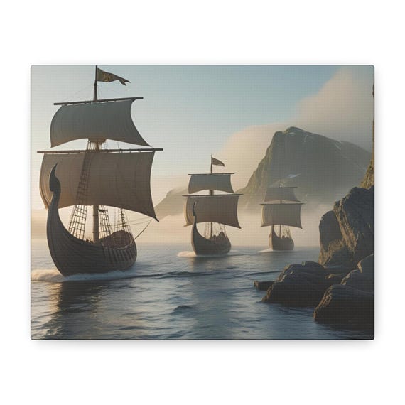 Viking Ship Canvas Wall Art, Nautical Ships Decor, Maritime Landscape, Coastal Home Decor, Gift for Sailors, Vintage Maritime Artwork