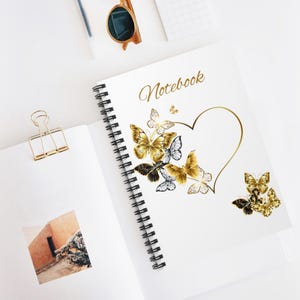 Golden Butterfly Spiral Notebook - Ruled Line, Journaling, Gift for Her, Wedding Planner, Art Notebook, Spring Decor, Butterfly Lovers