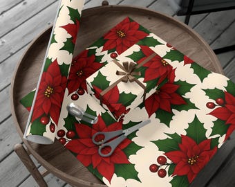 Festive Gift Wrap Papers, Holiday Wrapping Paper, Christmas Gift Wrap, Poinsettia Print Wrap, Eco-Friendly Gift Wrap