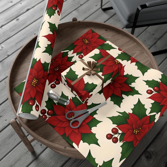 Festive Gift Wrap Papers, Holiday Wrapping Paper, Christmas Gift Wrap, Poinsettia Print Wrap, Eco-Friendly Gift Wrap