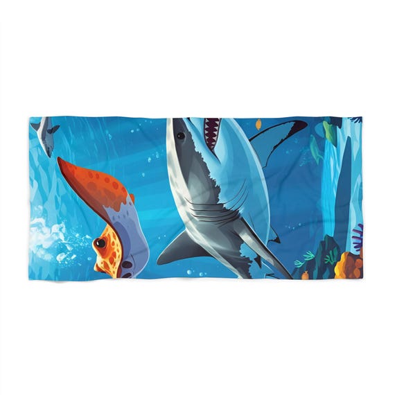 Ocean Adventure Beach Towel, Fun Pool Cover-Up, Summer Gift, Kids Beach Gear, Shark Design Towel, Tropical Vacation Essentials