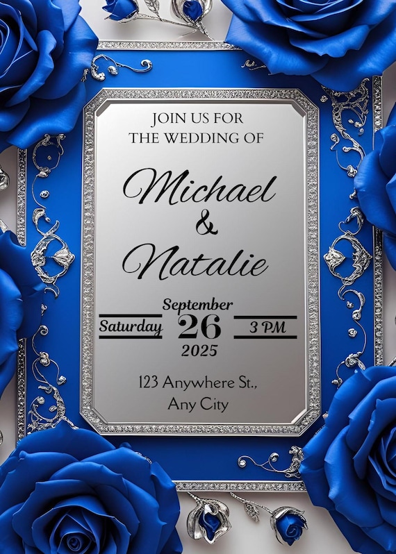 Elegant Royal Blue Rose Wedding Invitation