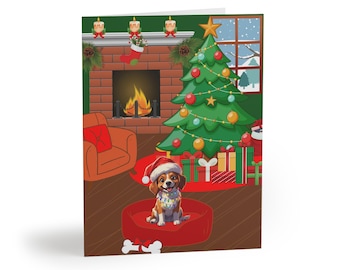 Könnte beinhalten: Weihnachtskarte mit einem Cartoon-Hund mit Weihnachtsmütze und Lichterkette, der auf einem roten Hundebett sitzt. Der Hintergrund zeigt einen geschmückten Weihnachtsbaum, einen Kamin und ein Fenster mit Schneelandschaft.