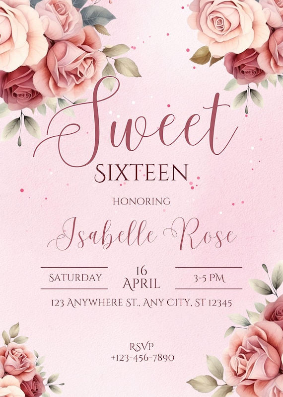 Pink and Floral Sweet Sixteen Birthday Invitation