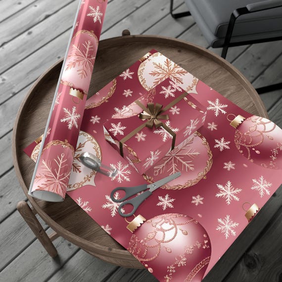 Elegant Holiday Gift Wrap, Christmas Wrapping Paper, Festive Present Wrap, Pink Ornament Design Paper, Seasonal Gift Packaging