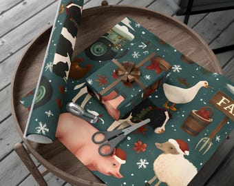 Farm Animal Holiday Gift Wrap, Rustic Festive Wrapping Paper