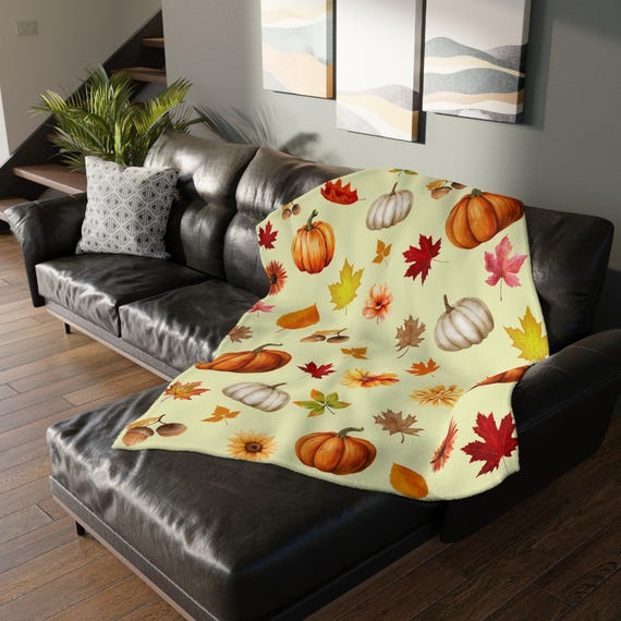 Autumn Harvest Velveteen Blanket | Cozy Fall Decor | Pumpkin & Leaf Print | Perfect for Gifts, Home Warmth, Halloween, Thanksgiving