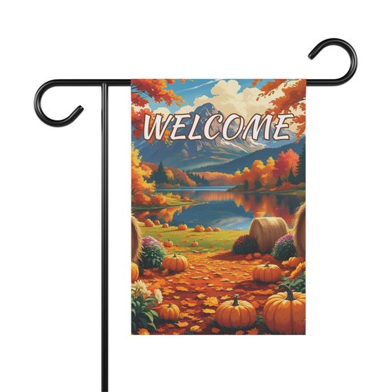 Autumn Lake Welcome Garden Flag, Fall Outdoor Decor, Seasonal Yard Banner, Pumpkin Decoration, Thanksgiving Housewarming Gift