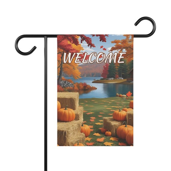 Autumn Cabin Welcome Garden Banner, Fall Decor, Seasonal Welcome Sign, Outdoor Garden Flag, Thanksgiving Party Decoration