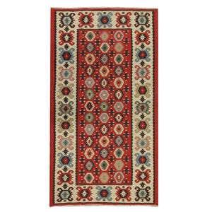 1960s Turkish Kilim Rug: Handwoven Wool, Red Geometric Tribal Rug (3.2 x 5.11 ft.)