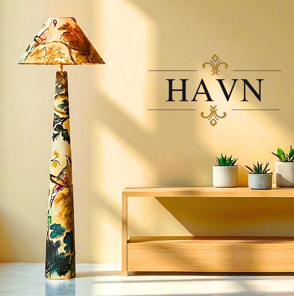Hand-Painted Tapestry Floor Lamp – Upholstered Artistic Statement Lighting | Nature-Inspired Cone Lamp for Living Room or Bedroom