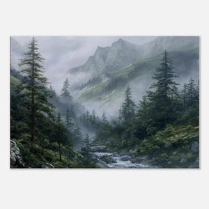 Misty Mountain Valley Wall Art – Tranquil Pine Forest & Flowing River Landscape Printed Canvas