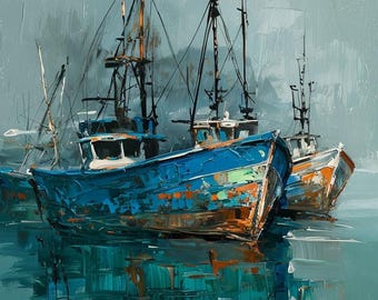 Puede incluir: Pintura al óleo que representa tres barcos de pesca desgastados en un puerto. Los barcos son principalmente azules y naranjas, con signos de desgaste visibles. El agua refleja los barcos y el cielo nublado, creando un paisaje marino texturizado.