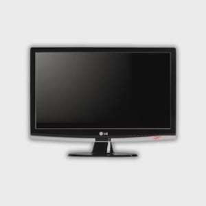 Pode incluir: Um monitor de computador LG preto com tela retangular. O monitor tem uma moldura preta e um suporte preto. O logotipo da LG é visível na parte inferior central da tela.
