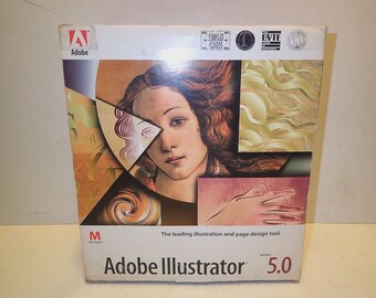 Può includere: Scatola del software Adobe Illustrator 5.0. La scatola presenta un ritratto in stile rinascimentale di una donna con lunghi capelli rossi. Il testo "Adobe Illustrator" e "5.0" sono ben visibili, insieme alla frase "The leading illustration and page design tool."