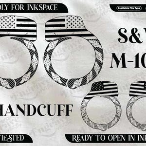 May include: A black and white graphic featuring handcuffs with an American flag design. The text "S&W M-100" and "HANDCUFF" are displayed. The image is labeled "FRIENDLY FOR INKSPACE" and "READY TO OPEN IN INKSPACE."