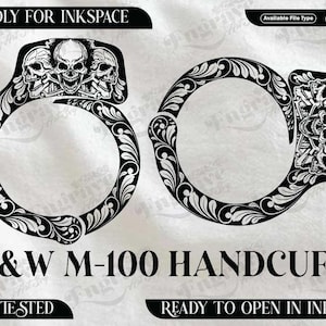 May include: Black and white graphic of a pair of handcuffs with a skull design. The text "S&W M-100 HANDCUFF" is displayed below the handcuffs. Additional text includes "FRIENDLY FOR INKSPACE", "EZCAD TESTED", and "READY TO OPEN IN INKSPACE".