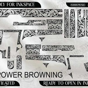 Könnte beinhalten: Schwarz-weiße florale Designelemente für die Lasergravur, mit dem Text "FRIENDLY FOR INKSPACE" und "HI POWER BROWNING". Das Bild zeigt verschiedene Formen und Größen, geeignet für Bastelprojekte. Das Design ist EZCAD-getestet und kann in Inkscape geöffnet werden.