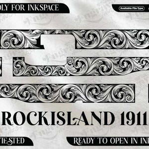 May include: Black and white vector graphic design elements with ornate floral scrollwork. The design includes the text "ROCKISLAND 1911" and is labeled "FRIENDLY FOR INKSPACE" and "READY TO OPEN IN INKSPACE".