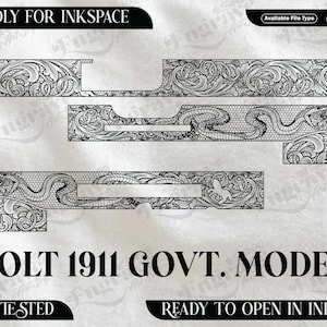 Könnte beinhalten: Schwarz-weiß Grafikdesign für ein Colt 1911 Govt. Model. Das Design zeigt verzierte Blumen- und Schlangenmuster mit den Texten "FRIENDLY FOR INKSPACE", "EZCAD TESTED" und "READY TO OPEN IN INKSPACE".