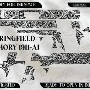 May include: Black and white vector graphic of a Springfield Armory 1911-A1 pistol, disassembled into parts. The design features ornate floral scrollwork. Text includes "Friendly for Inkspace", "EZCAD Tested", and "Ready to Open in Inkspace".