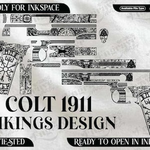Puede incluir: Diseño vikingo en blanco y negro para una Colt 1911, con patrones intrincados y el texto "COLT 1911 VIKINGS DESIGN". Incluye varias piezas recortadas para la aplicación del diseño. También incluye el texto "FRIENDLY FOR INKSPACE".