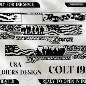 Könnte beinhalten: Schwarz-weiße Vektor-Designelemente mit patriotischen Themen. Enthält eine amerikanische Flagge, die Freiheitsstatue und Soldatensilhouetten. Text enthält "IN GOD WE TRUST", "USA SOLDIERS DESIGN" und "COLT 1911".
