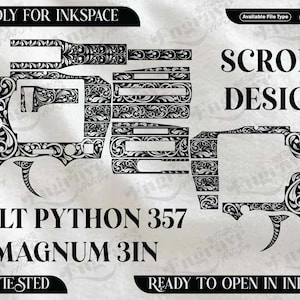 Peut inclure: Motif de volutes en noir et blanc pour un Colt Python 357 Magnum 3in. La conception est étiquetée "Friendly for Inkspace" et "Ready to Open in Inkspace". L'image affiche également les types de fichiers disponibles.