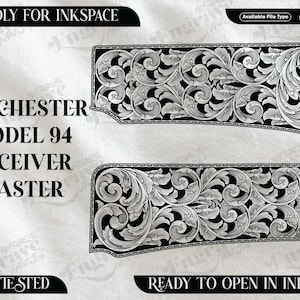 May include: Two black and white decorative panels with intricate floral scrollwork. The text "WINCHESTER MODEL 94 RECEIVER MASTER" is displayed on the left. The image also includes the text "FRIENDLY FOR INKSPACE" and "READY TO OPEN IN INKSPACE".