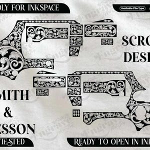 May include: Black and white scroll design for Smith & Wesson, ready to open in Inkscape. The design is friendly for Inkspace and EZCAD tested. The image includes the text "SCROLL DESIGN".